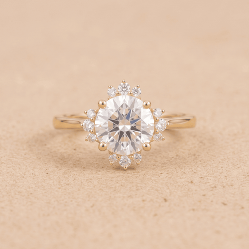 14K gold round cathedral halo wedding ring front view