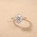 14K gold round cathedral halo wedding ring front view
