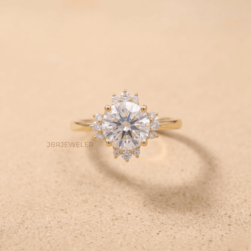14K gold round cathedral halo wedding ring front view