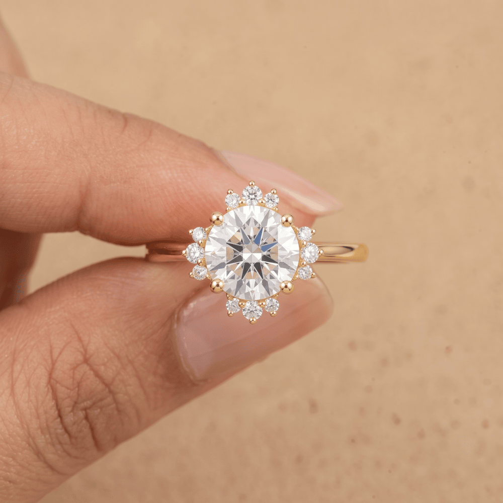 Round halo wedding ring worn on hand
