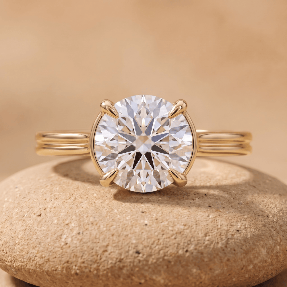 14K Gold Cathedral Ring Round Moissanite Front View