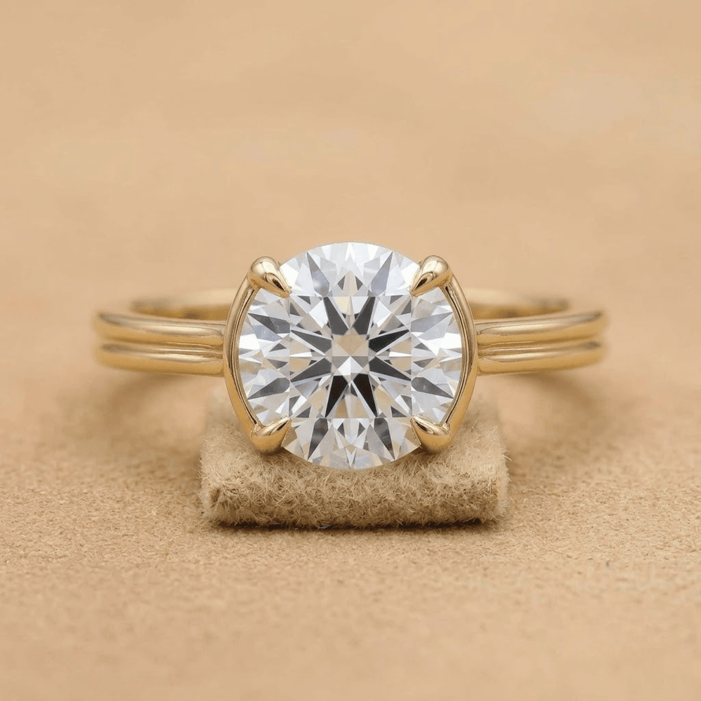 14K Gold Cathedral Ring Round Moissanite Front View