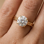 A close-up of a gold solitaire engagement ring with a round brilliant-cut diamond on a person's finger.