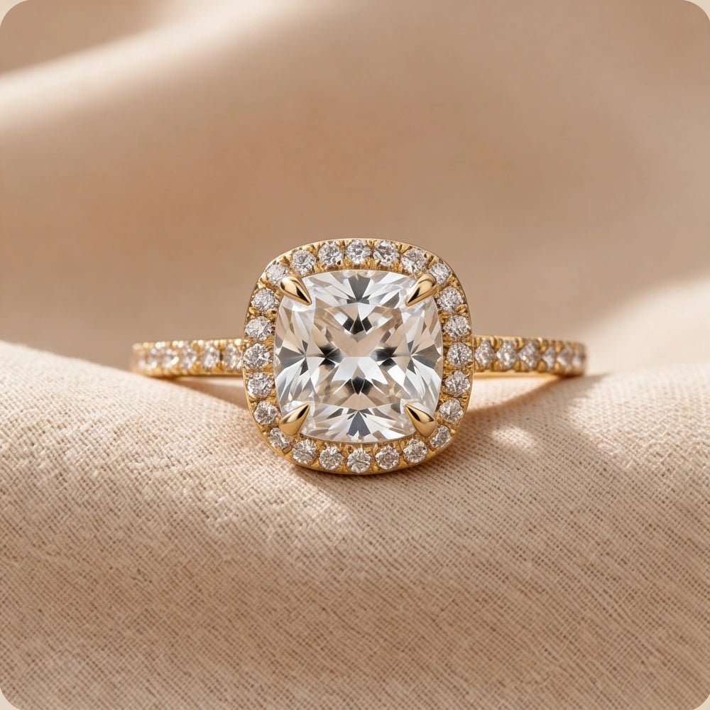 14K Gold Cushion Cut Hidden Halo Lab Grown Diamond Engagement Ring