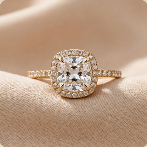 14K Gold Cushion Cut Hidden Halo Lab Grown Diamond Engagement Ring