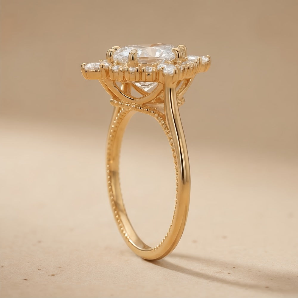 Gold filigree pear halo lab diamond solitaire