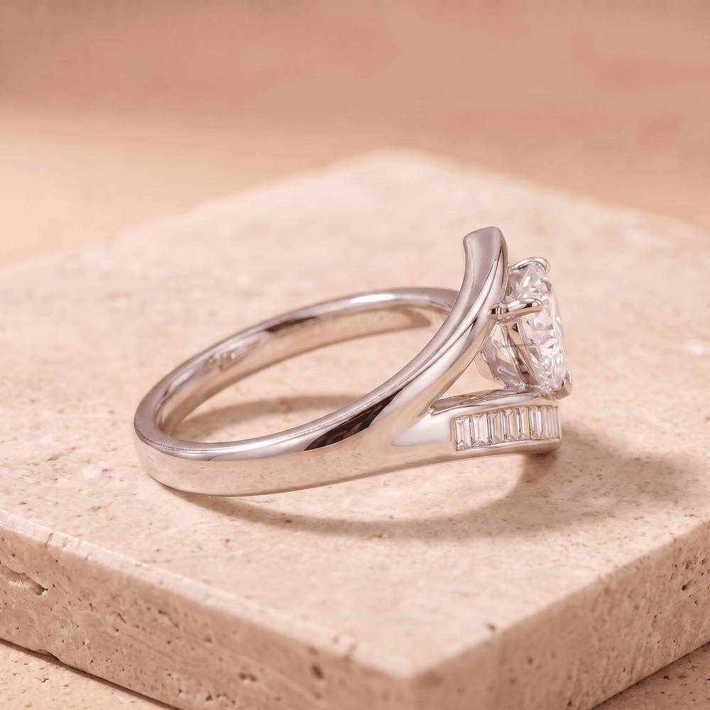 Lab grown heart diamond ring with baguette accents