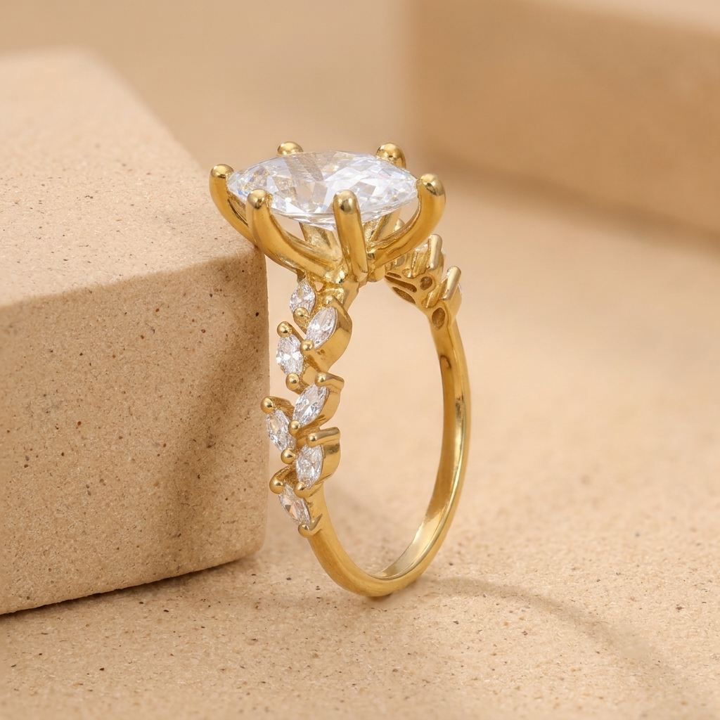 Side view of marquise lab grown diamond gold ring