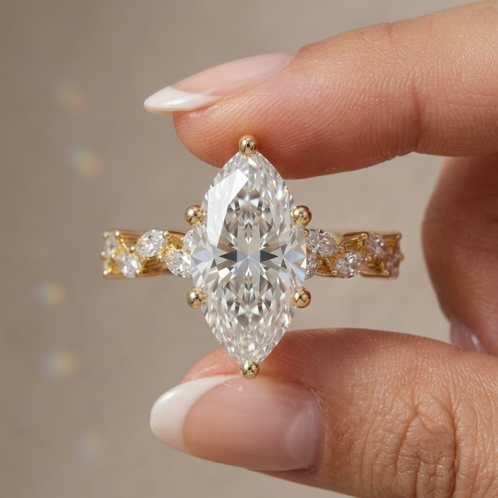 Marquise cut lab grown diamond engagement ring in 14K gold