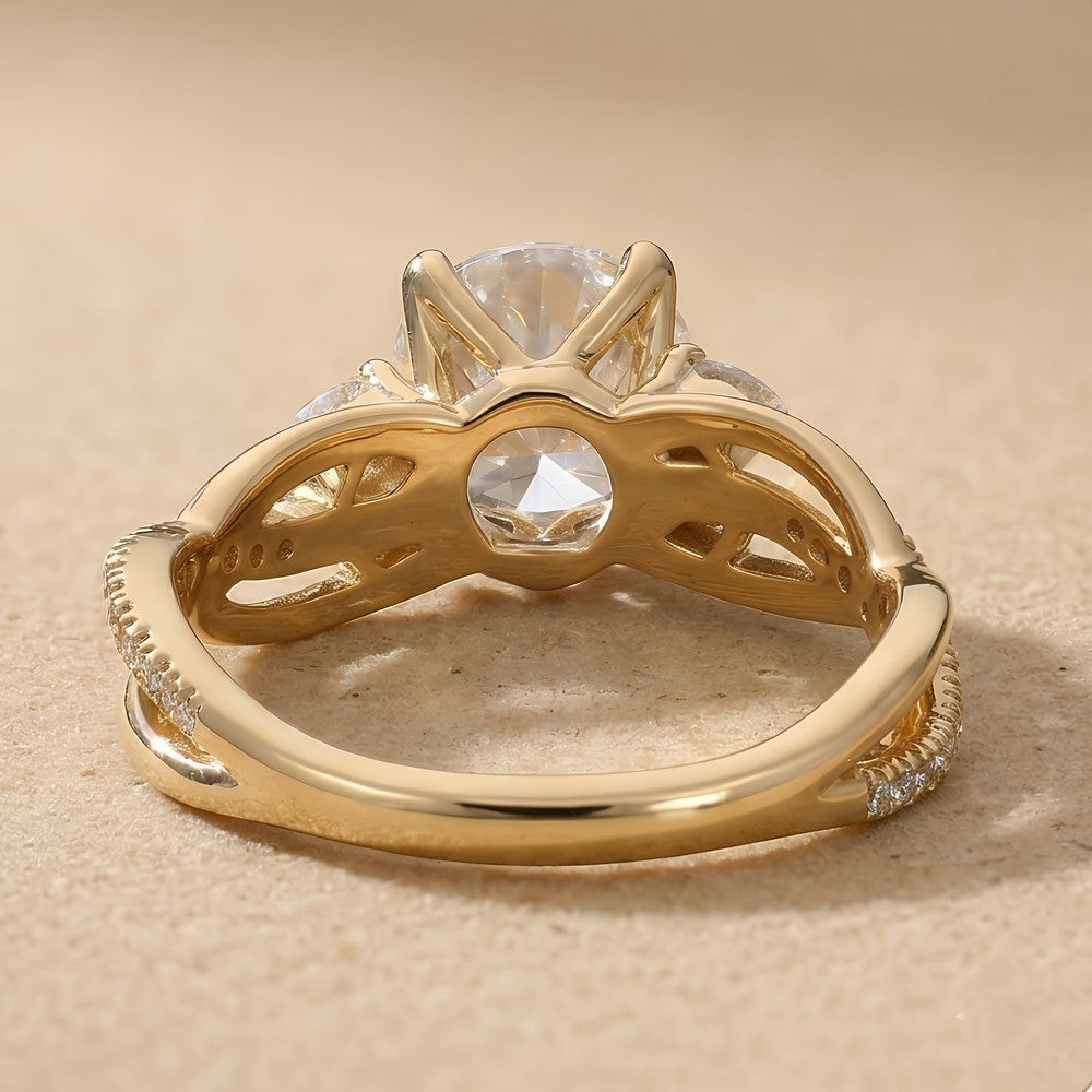 Round Lab Diamond Gold Wedding Band with Floral Details