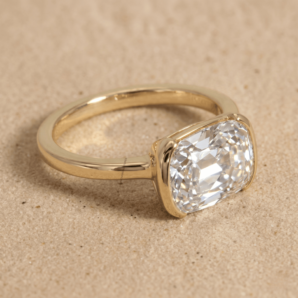 Old cushion lab grown diamond east west ring