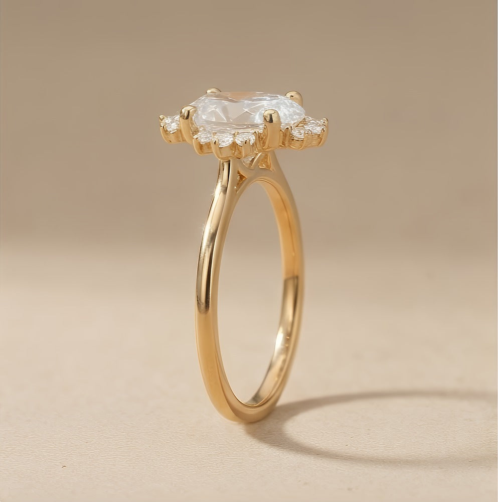 14K gold oval halo engagement ring side profile
