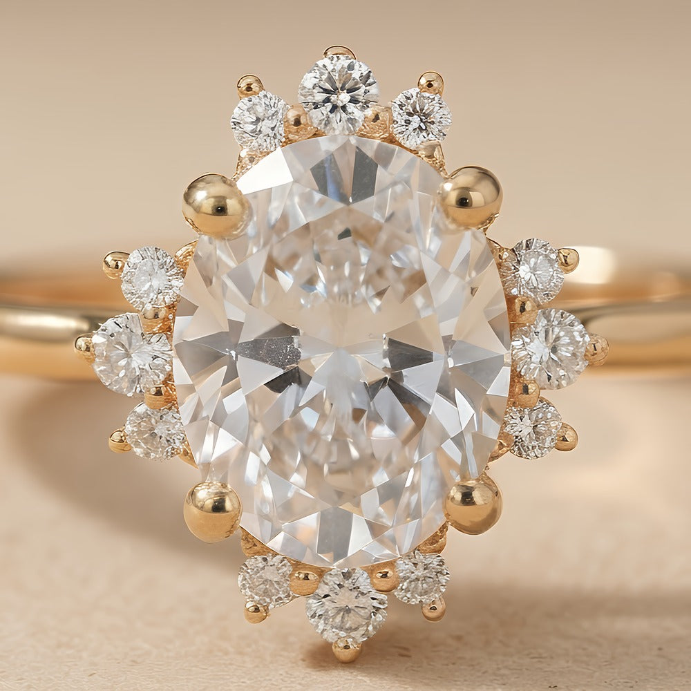 Cathedral setting oval diamond ring close-up