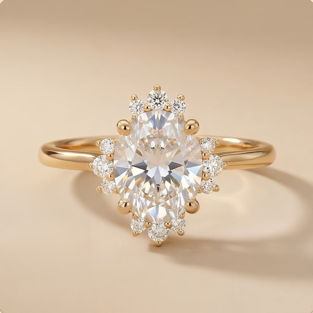 Oval cathedral halo lab grown diamond engagement ring front view