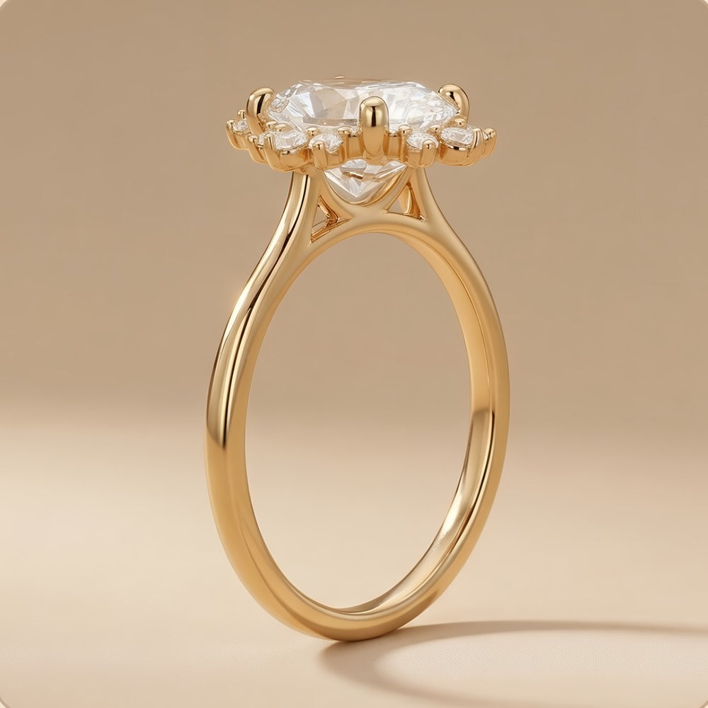 14K gold oval halo engagement ring side profile