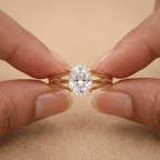 Split shank oval diamond ring in 14K gold on hand