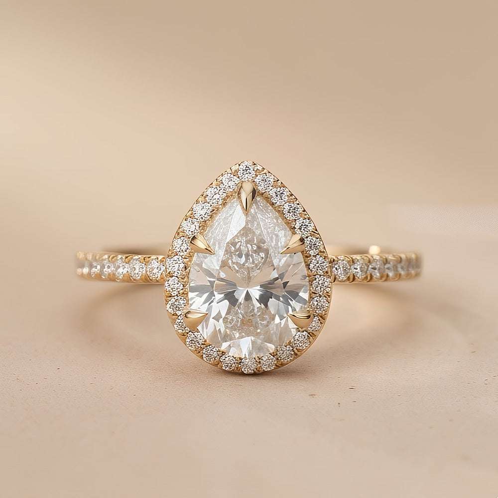 14KT Gold Pear Cut Hidden Halo Engagement Ring with Lab Diamond