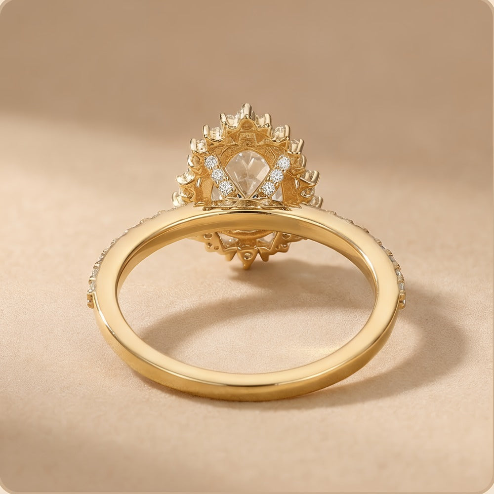 Sunburst design pear halo ring for promise or engagement
