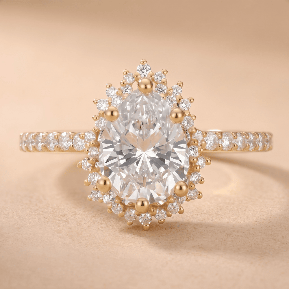 Sunburst pear cut lab diamond halo ring in 14K gold