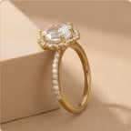 14K gold halo ring with pear cut lab diamond center