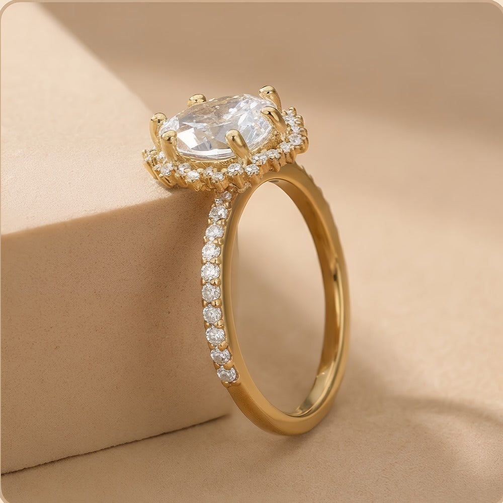 14K gold halo ring with pear cut lab diamond center