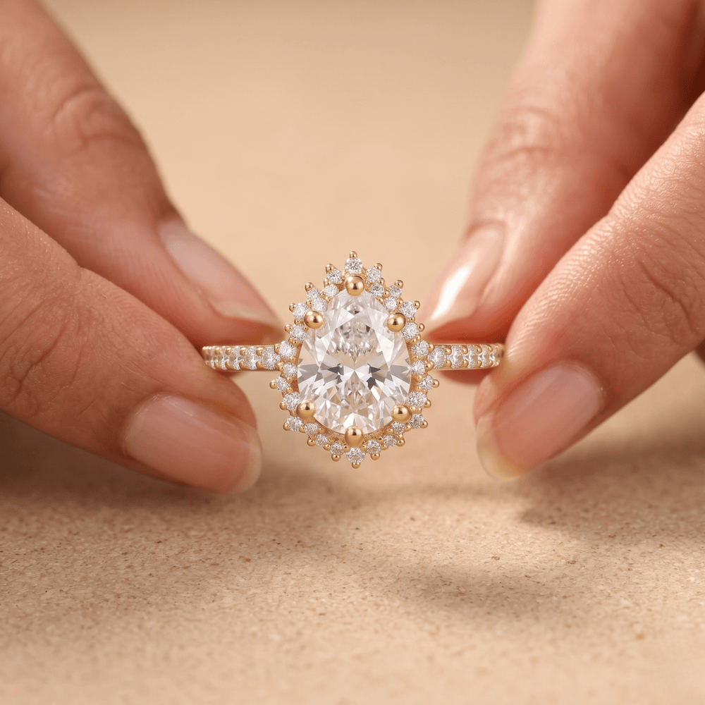 Pear cut halo ring in white 14K gold detailed view