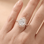 A close-up of a hand wearing a rose gold halo ring with a large round-cut clear center stone and smaller surrounding stones.