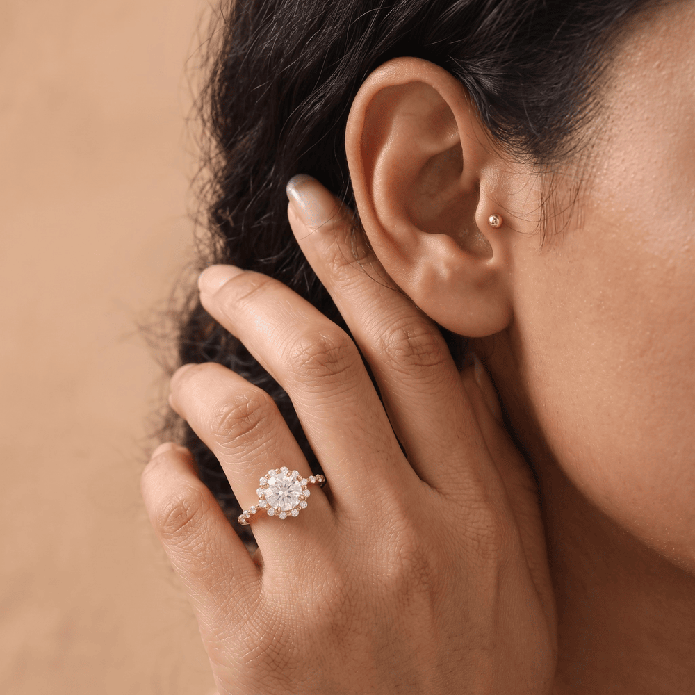 Lab grown diamond halo ring lifestyle shot