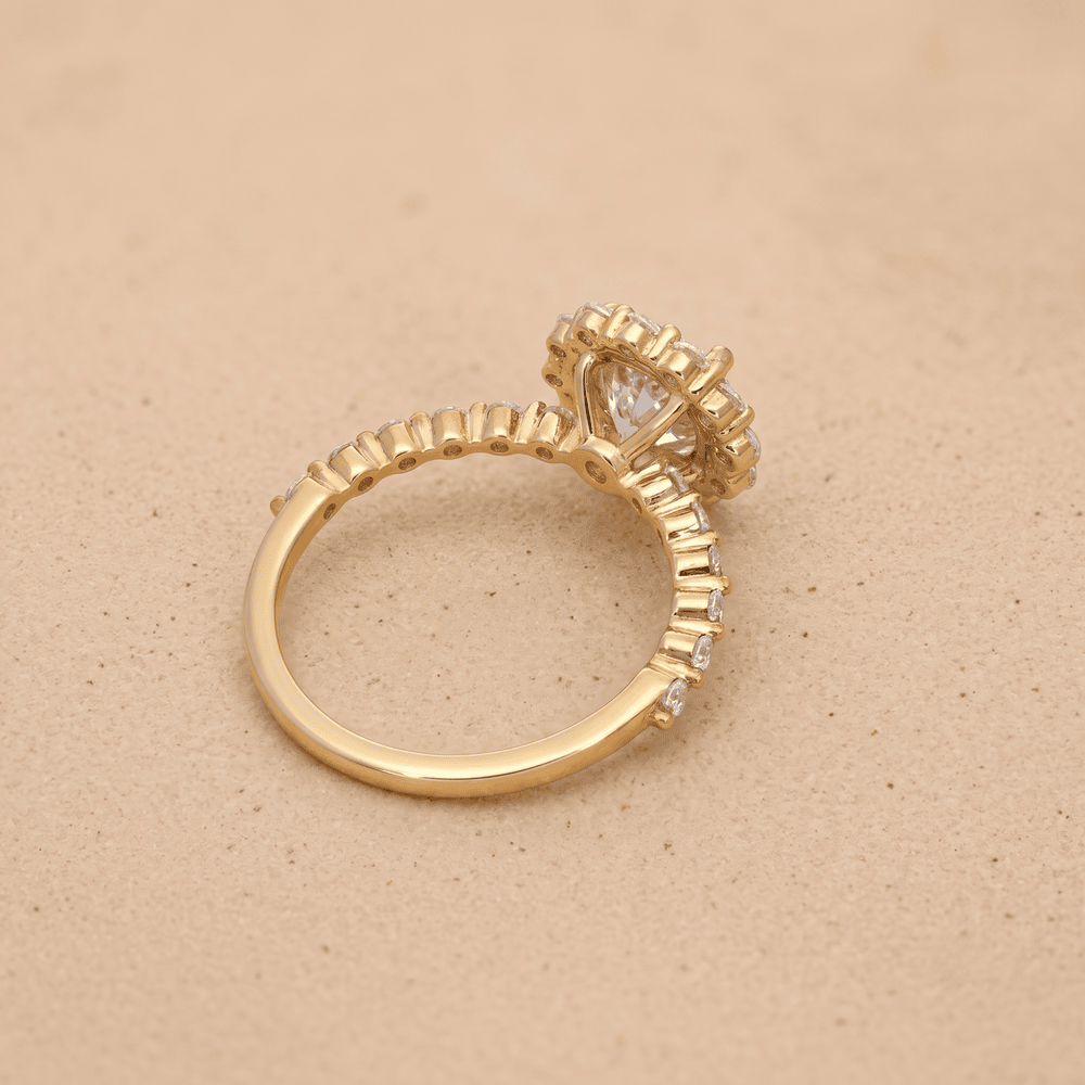 Round cut diamond halo ring side view