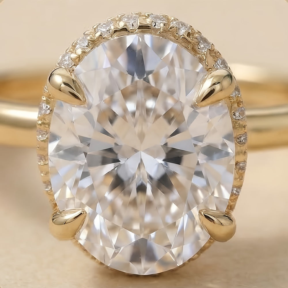 Dual halo oval cut diamond ring close-up view