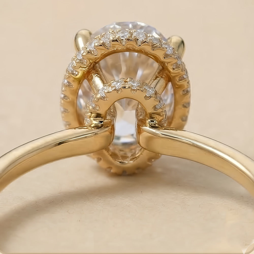 Gold band oval dual halo lab grown diamond ring top view