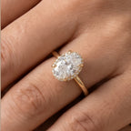 14K gold oval dual halo promise ring macro detail shot