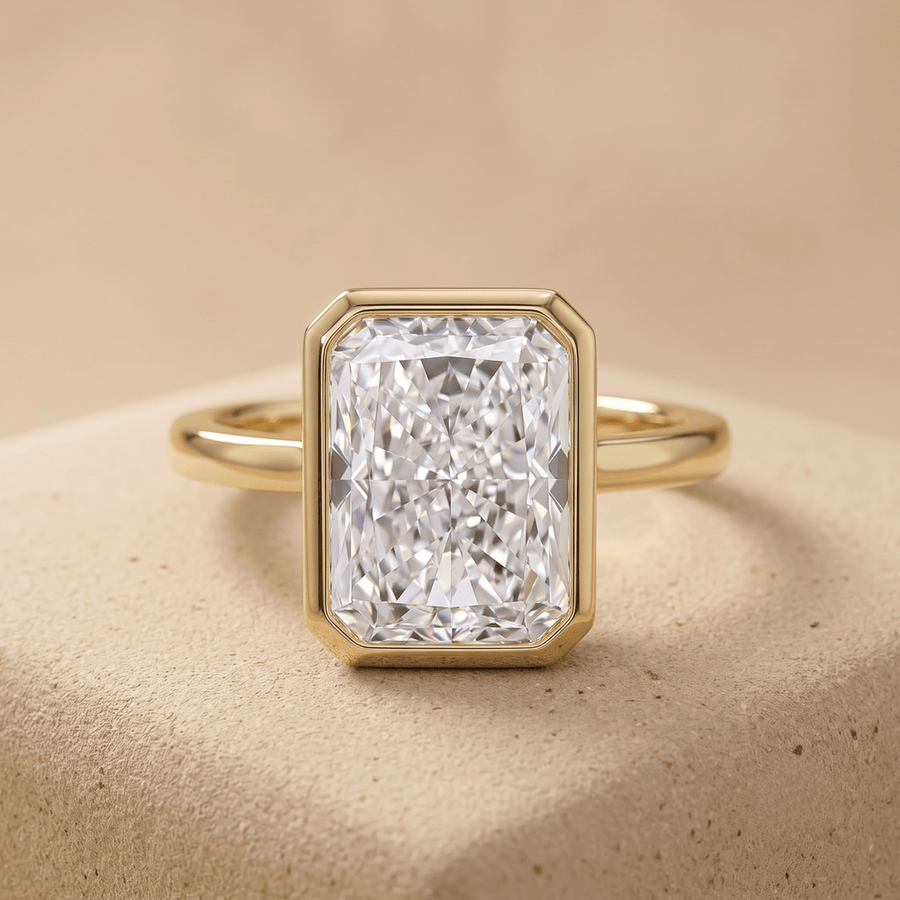 14K gold radiant bezel set engagement ring front view