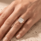 Radiant cut diamond engagement ring worn on hand
