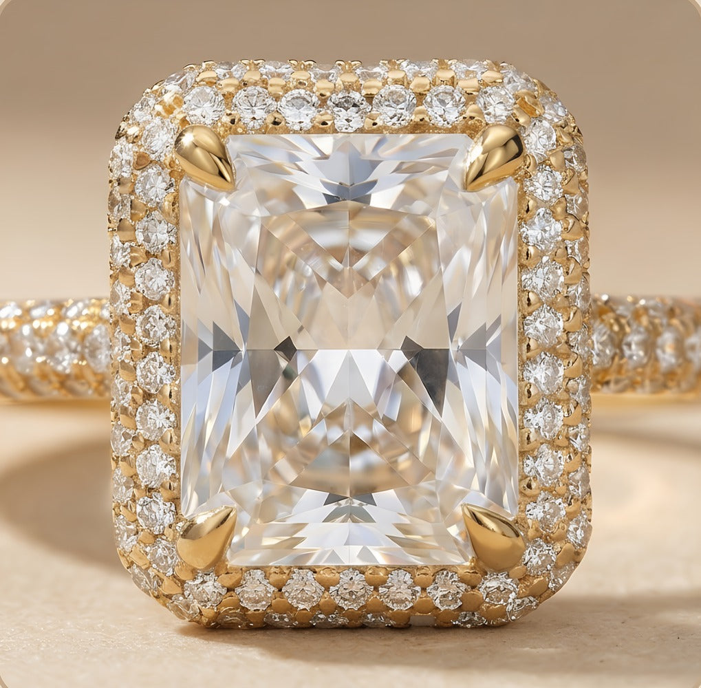 Radiant cut moissanite halo ring close-up view