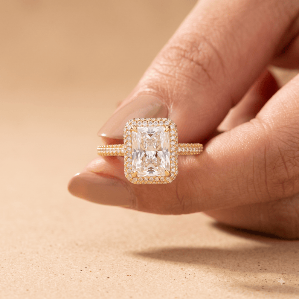 14K gold halo ring on hand