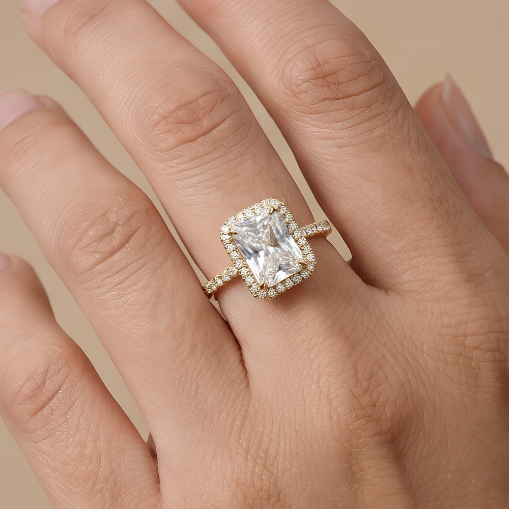 Lab grown diamond hidden halo wedding ring - lifestyle shot