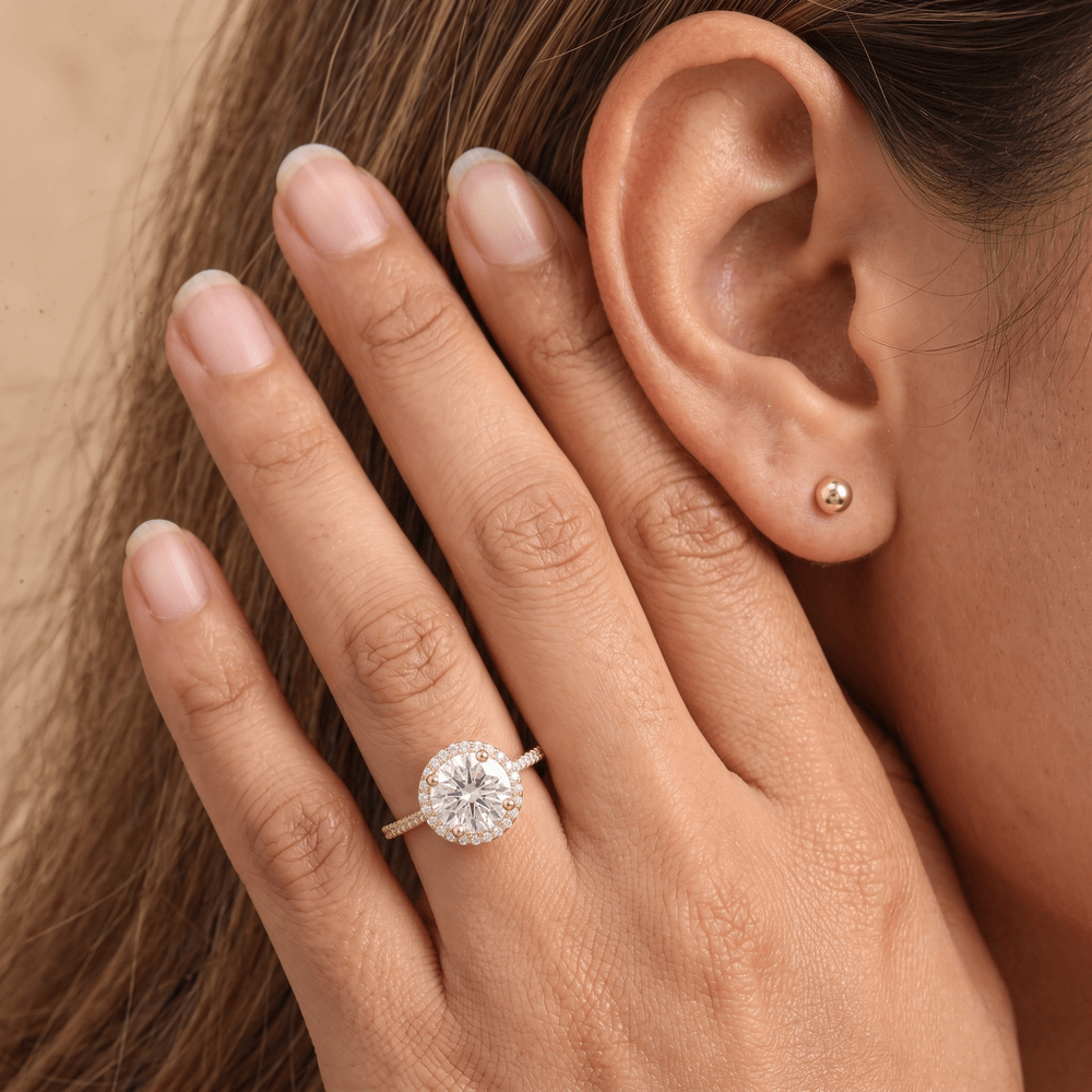 Round halo diamond promise ring for couples