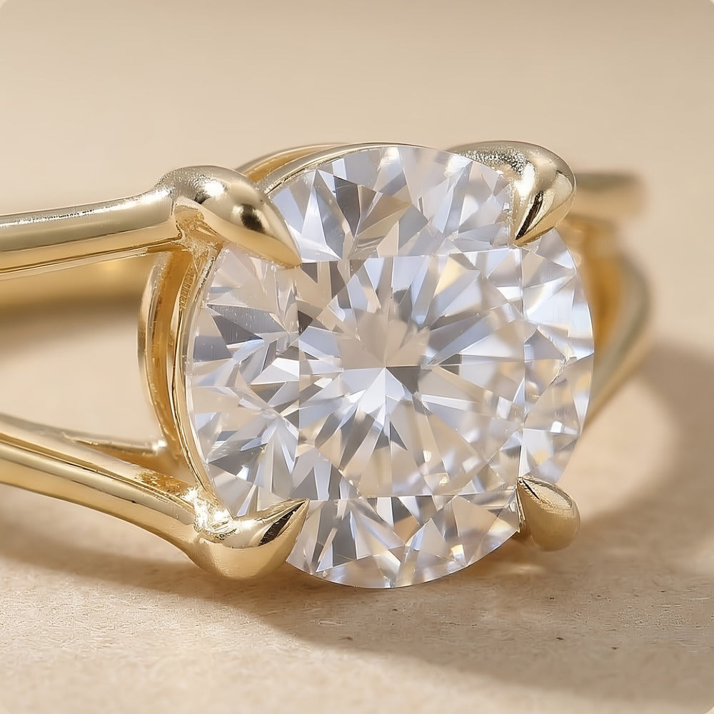 Close-up of round lab grown diamond in 14K gold ring