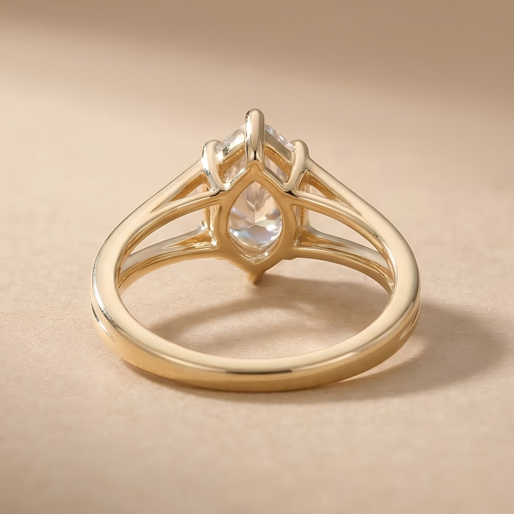 Pear cut diamond promise ring, 14K gold, top angle view