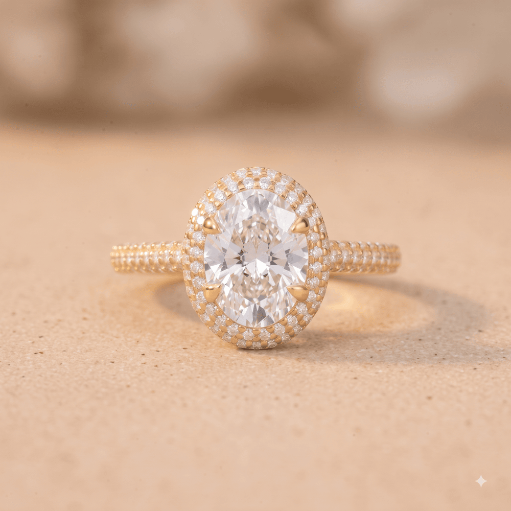 Petite oval lab diamond halo engagement ring in gold