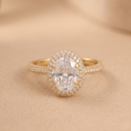Micro pave oval halo ring close-up view