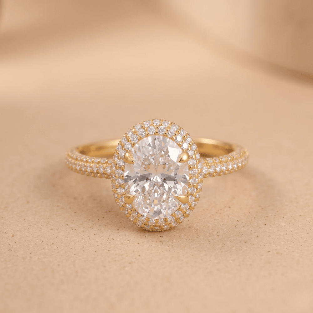 Micro pave oval halo ring close-up view