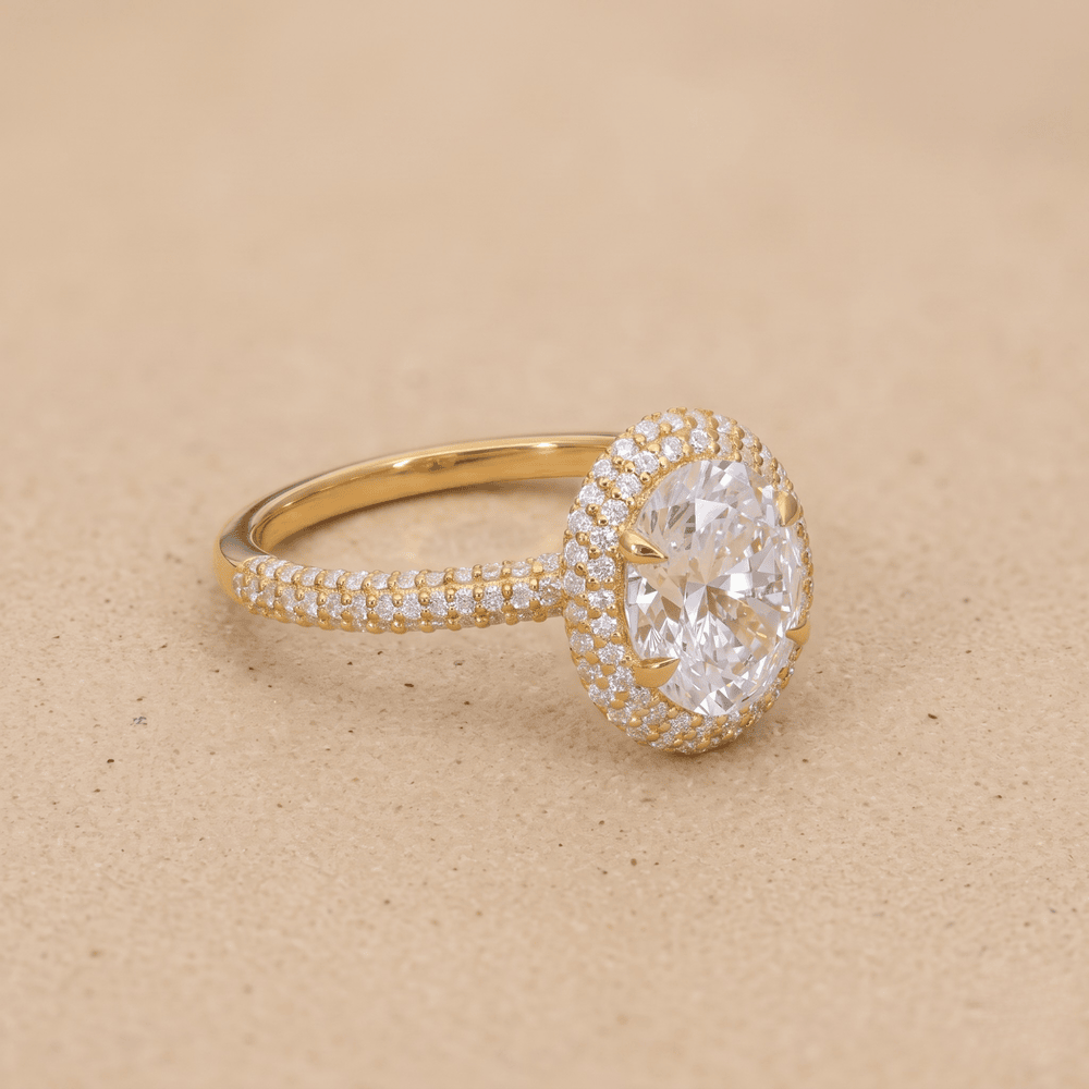 Oval cut lab diamond halo ring side profile