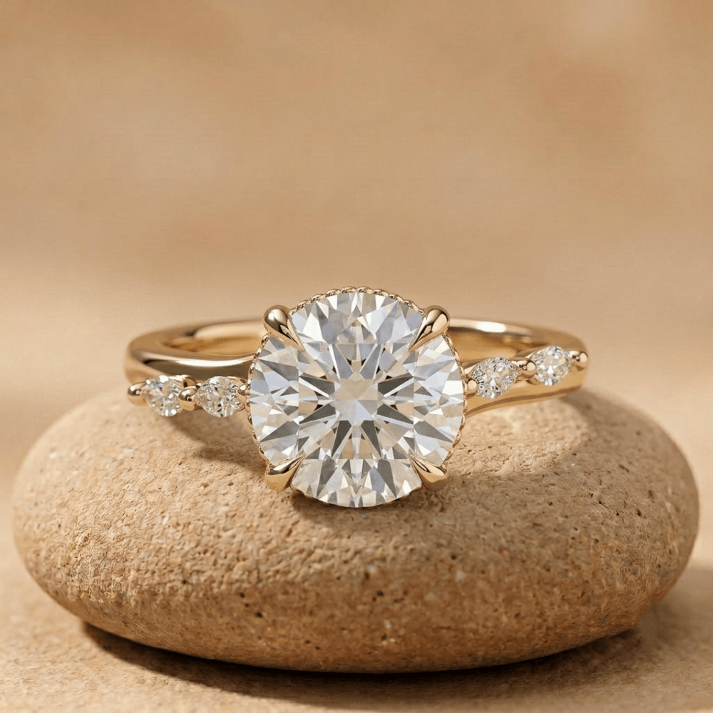 14K solid gold round lab diamond hidden halo cathedral engagement ring