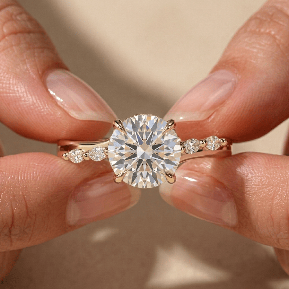 Round lab grown diamond cathedral ring in 14K yellow gold