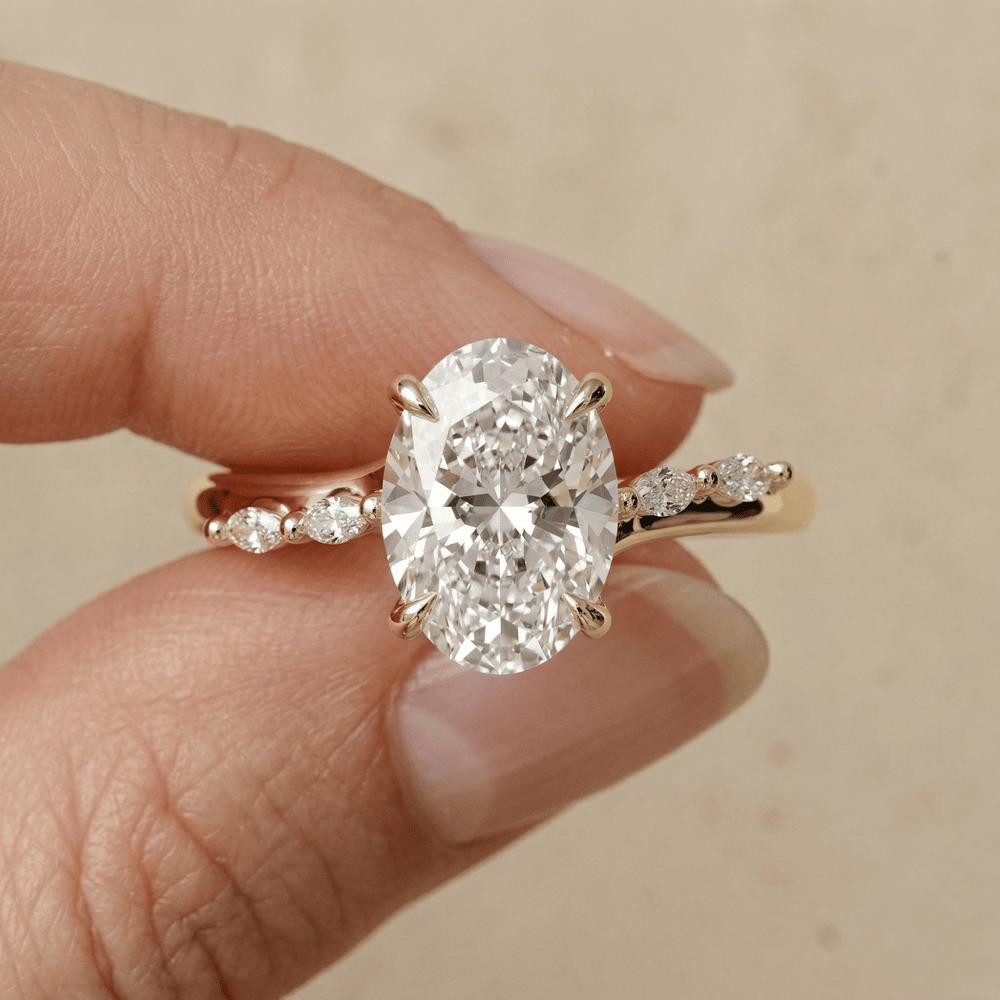 Oval lab grown diamond cathedral engagement ring in 14K gold