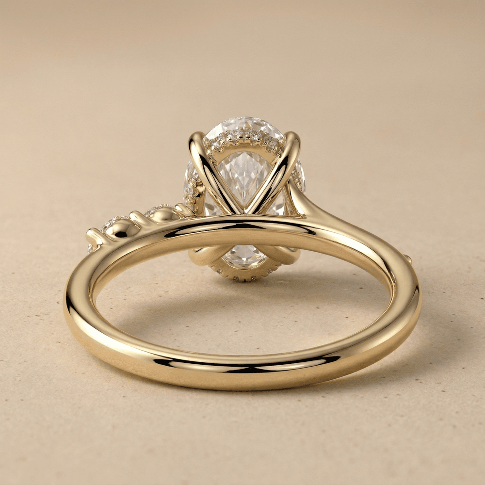 Oval lab grown diamond ring with elevated cathedral setting