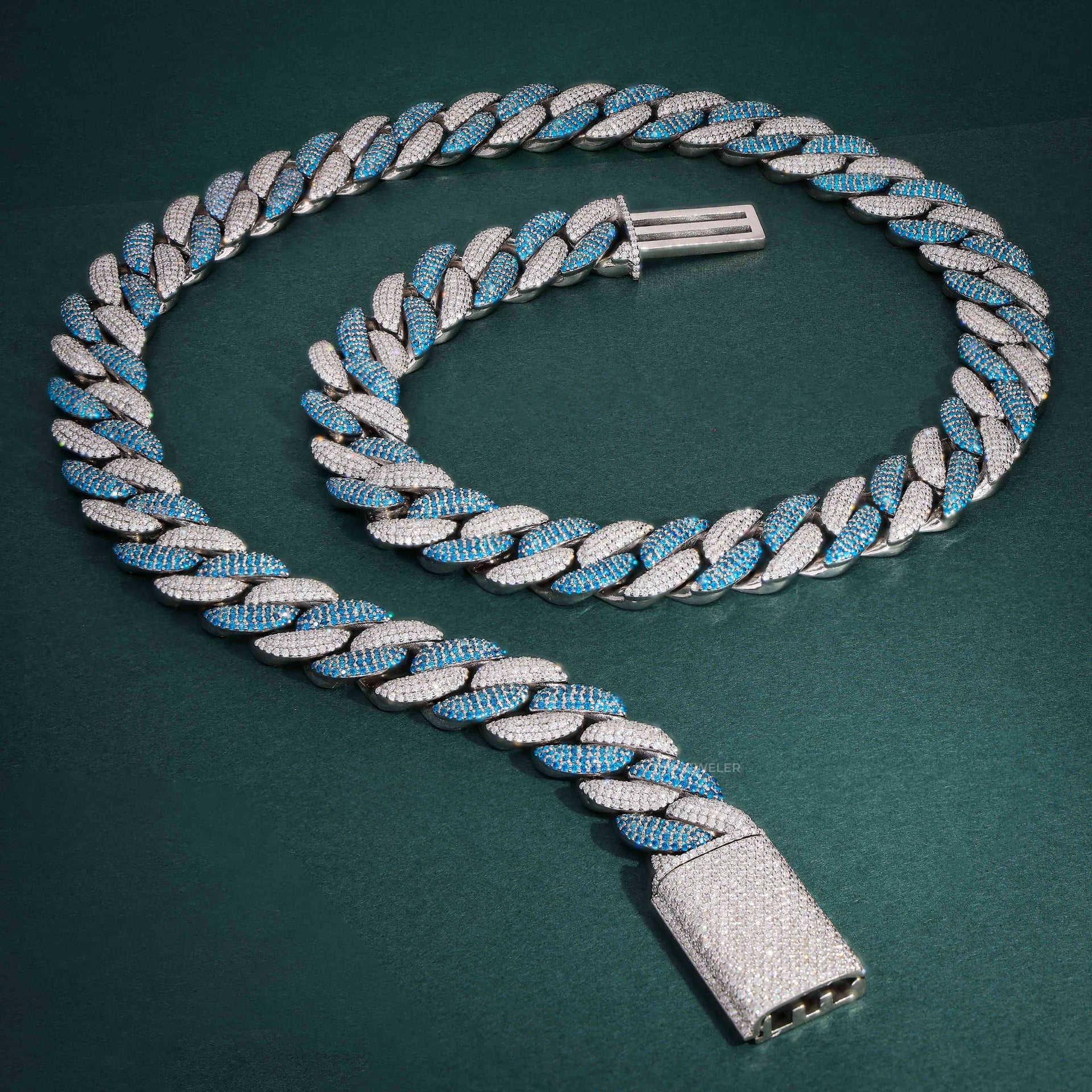 14MM White Blue Round Moissanite Diamond Miami Cuban Link Chain