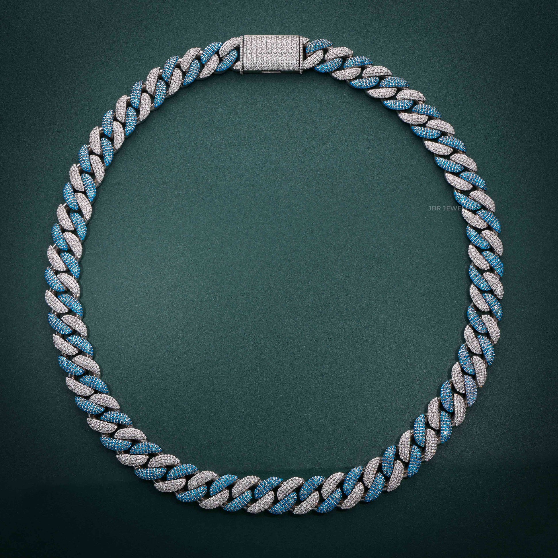 14MM White Blue Round Moissanite Diamond Miami Cuban Link Chain in 925 Silver